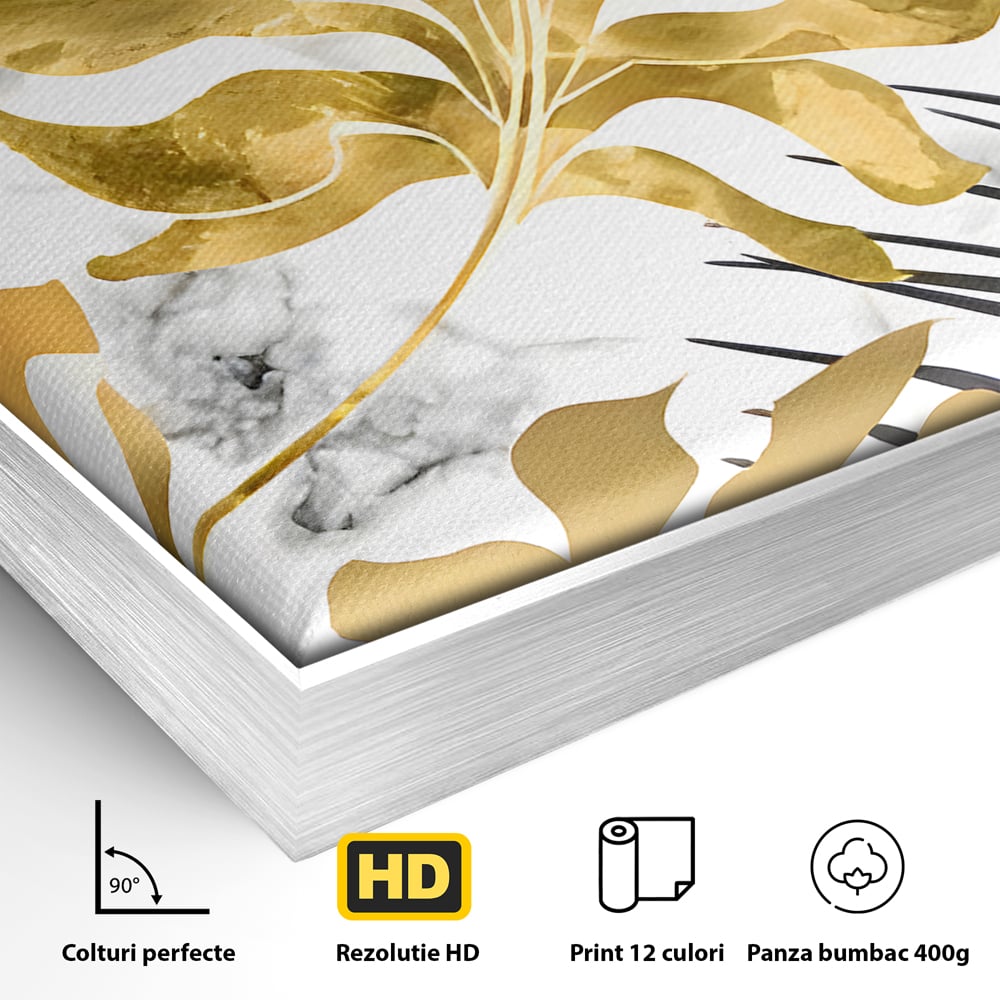 Tablou Canvas Premium LuxCanva® B1061, Golden Black Lief Plants , Decorativ, Living, Plante, Dormitor, Frunze, Liniste, Negru si Auriu