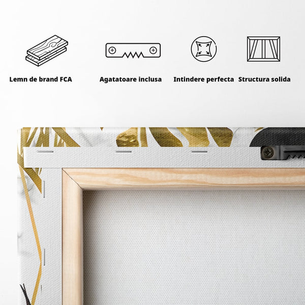 Tablou Canvas Premium LuxCanva® B1061, Golden Black Lief Plants , Decorativ, Living, Plante, Dormitor, Frunze, Liniste, Negru si Auriu