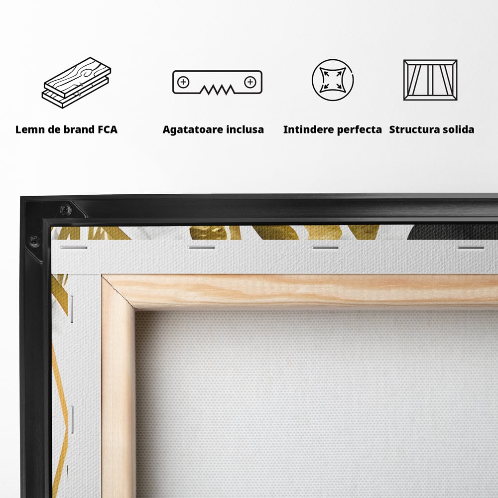 Tablou Canvas Premium LuxCanva® B1061, Golden Black Lief Plants , Decorativ, Living, Plante, Dormitor, Frunze, Liniste, Negru si Auriu