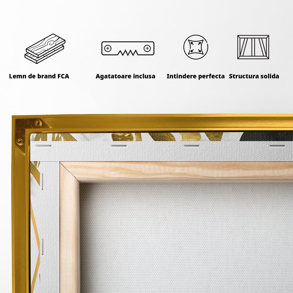 Tablou Canvas Premium LuxCanva® B1061, Golden Black Lief Plants , Decorativ, Living, Plante, Dormitor, Frunze, Liniste, Negru si Auriu