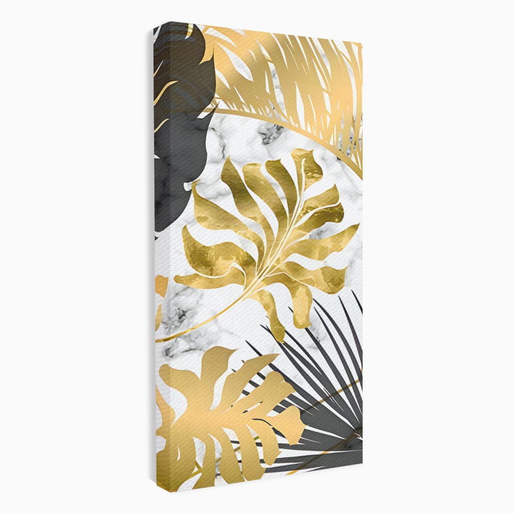 Tablou Canvas Premium LuxCanva® B1061, Golden Black Lief Plants , Decorativ, Living, Plante, Dormitor, Frunze, Liniste, Negru si Auriu