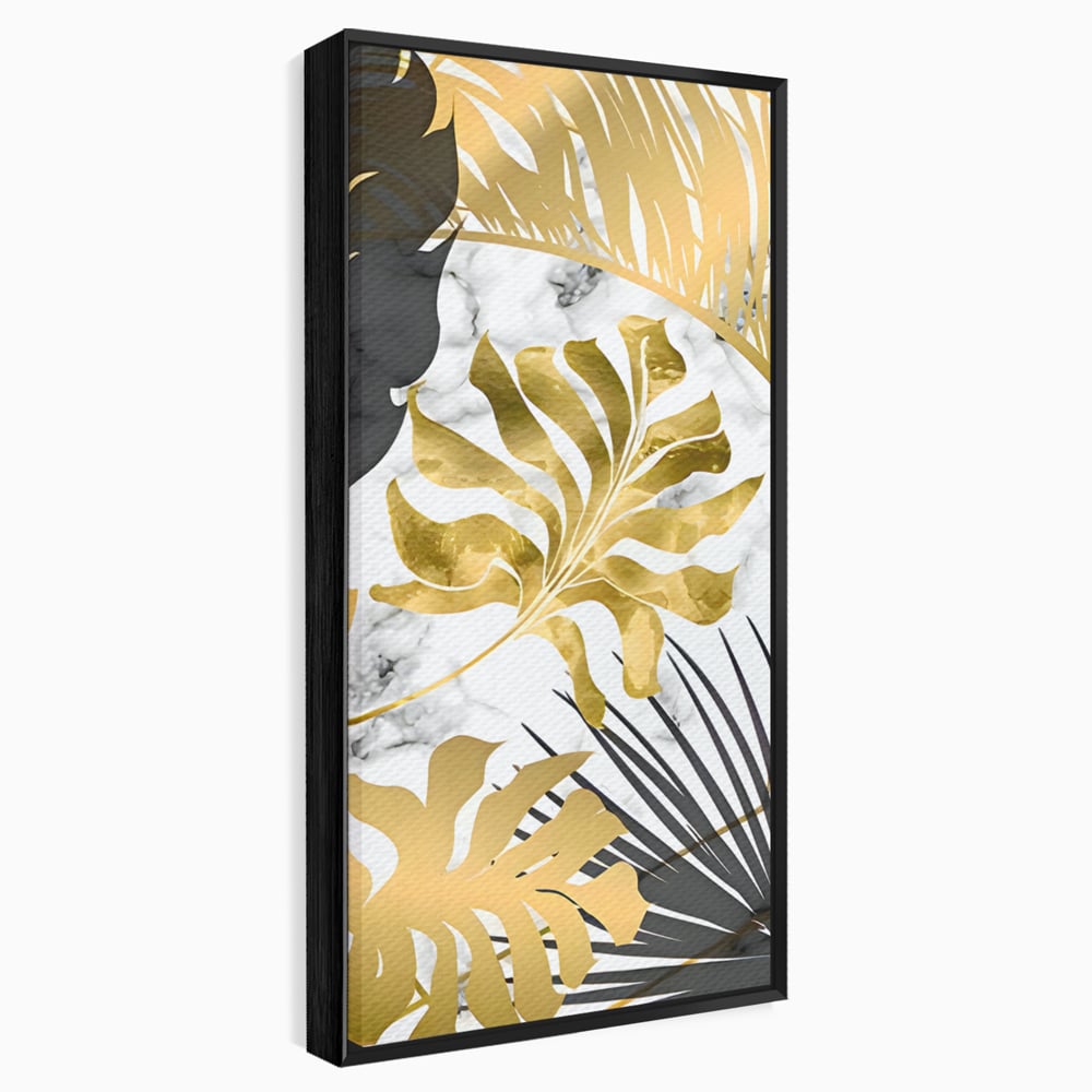 Tablou Canvas Premium LuxCanva® B1061, Golden Black Lief Plants , Decorativ, Living, Plante, Dormitor, Frunze, Liniste, Negru si Auriu