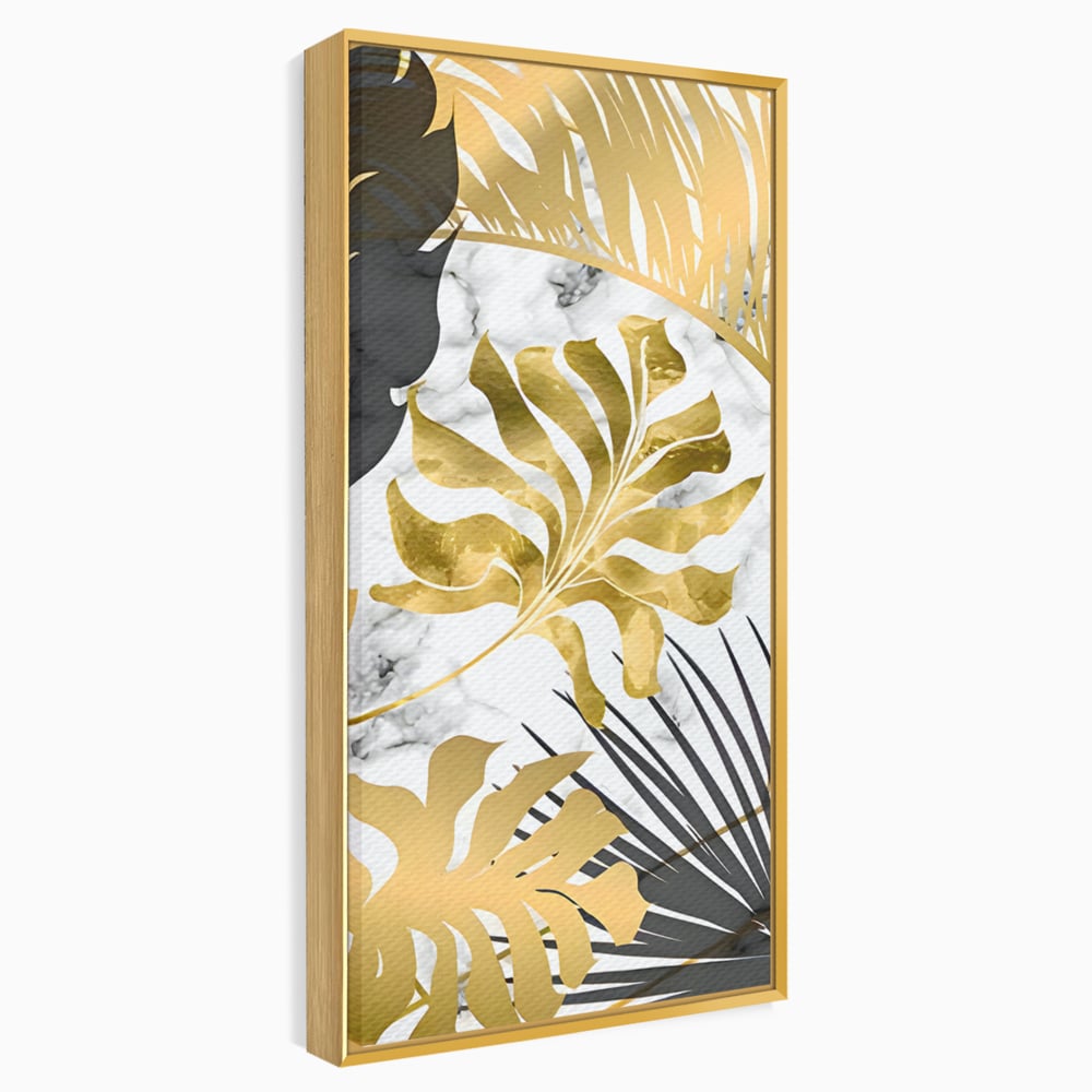 Tablou Canvas Premium LuxCanva® B1061, Golden Black Lief Plants , Decorativ, Living, Plante, Dormitor, Frunze, Liniste, Negru si Auriu