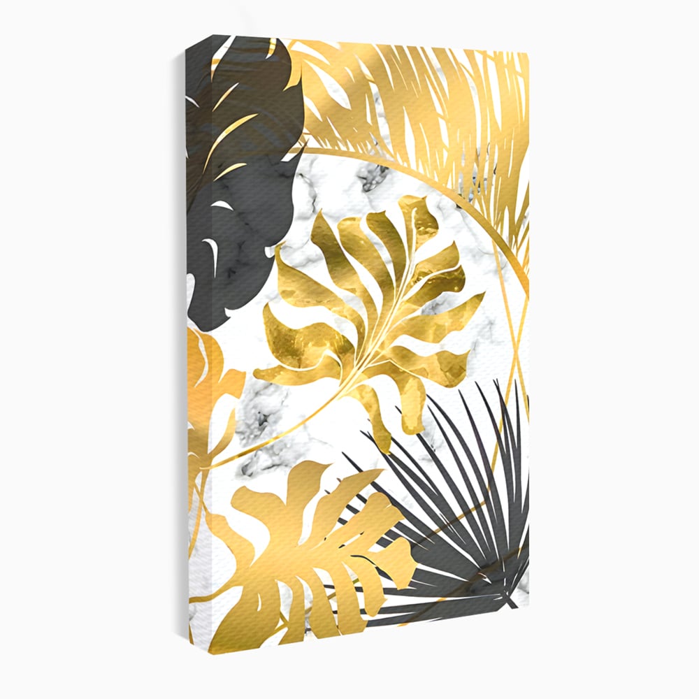 Tablou Canvas Premium LuxCanva® B1061, Golden Black Lief Plants , Decorativ, Living, Plante, Dormitor, Frunze, Liniste, Negru si Auriu