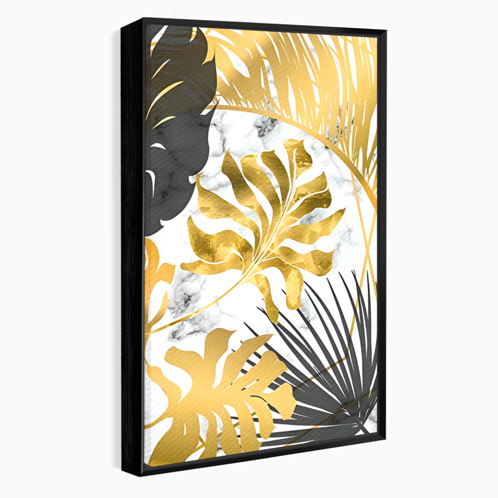 Tablou Canvas Premium LuxCanva® B1061, Golden Black Lief Plants , Decorativ, Living, Plante, Dormitor, Frunze, Liniste, Negru si Auriu