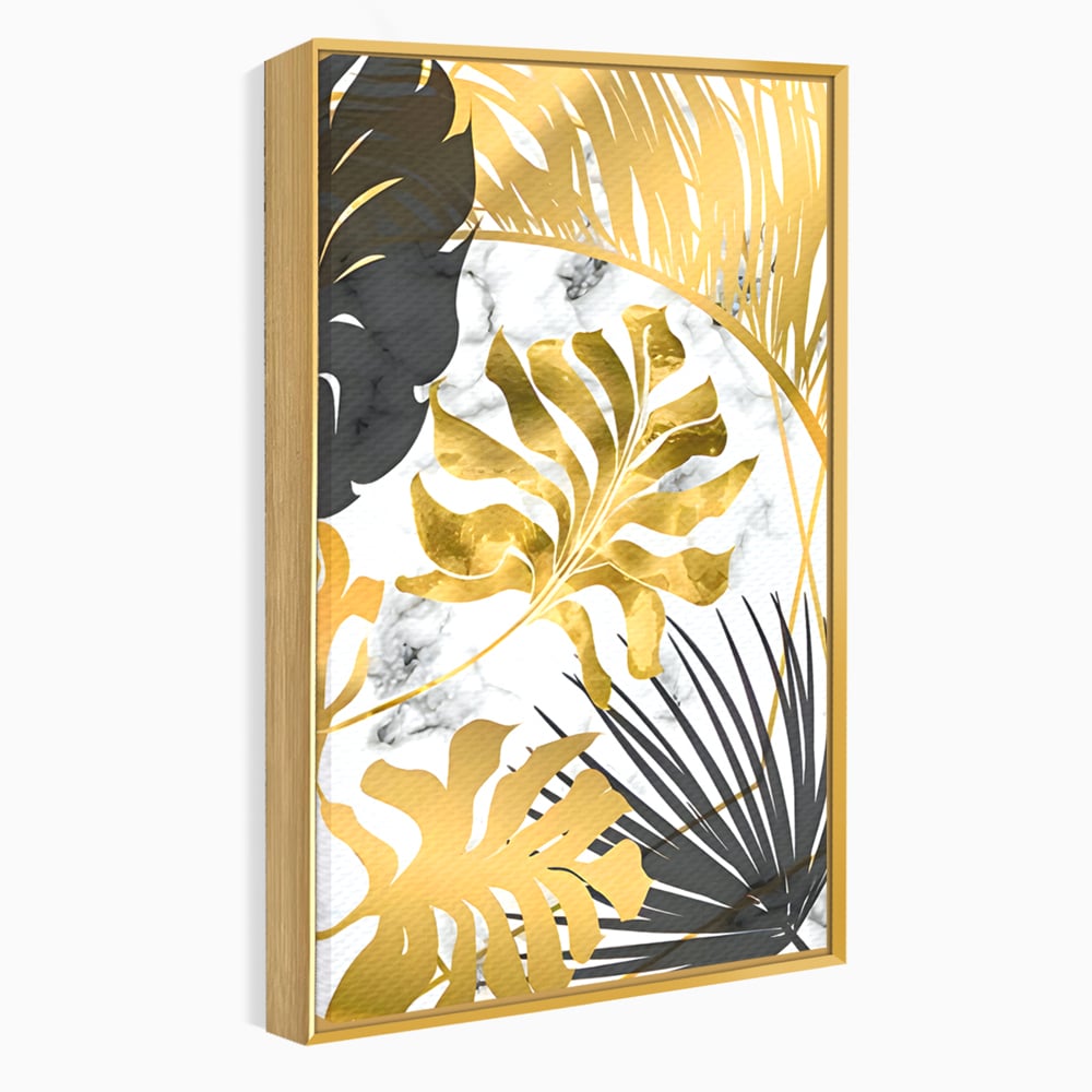 Tablou Canvas Premium LuxCanva® B1061, Golden Black Lief Plants , Decorativ, Living, Plante, Dormitor, Frunze, Liniste, Negru si Auriu