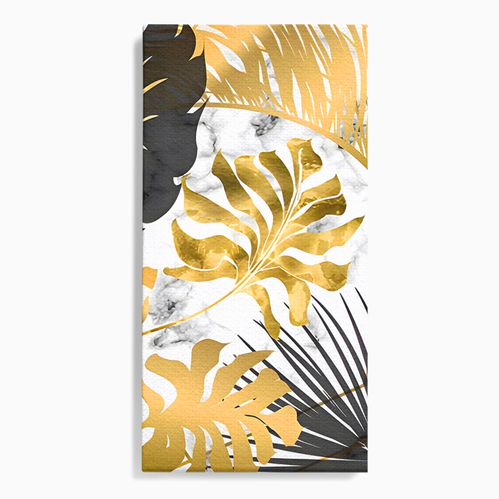 Tablou Canvas Premium LuxCanva® B1061, Golden Black Lief Plants , Decorativ, Living, Plante, Dormitor, Frunze, Liniste, Negru si Auriu