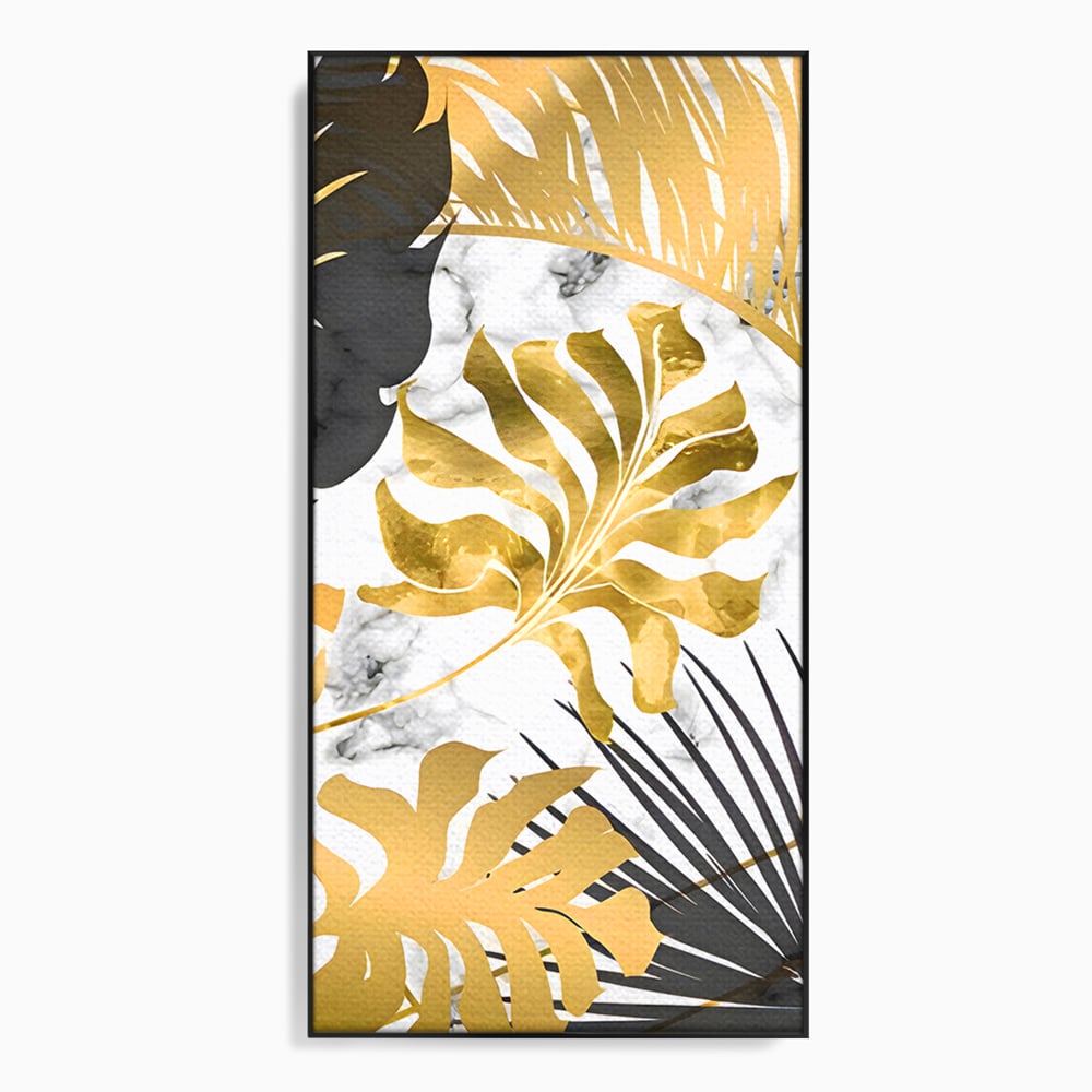 Tablou Canvas Premium LuxCanva® B1061, Golden Black Lief Plants , Decorativ, Living, Plante, Dormitor, Frunze, Liniste, Negru si Auriu