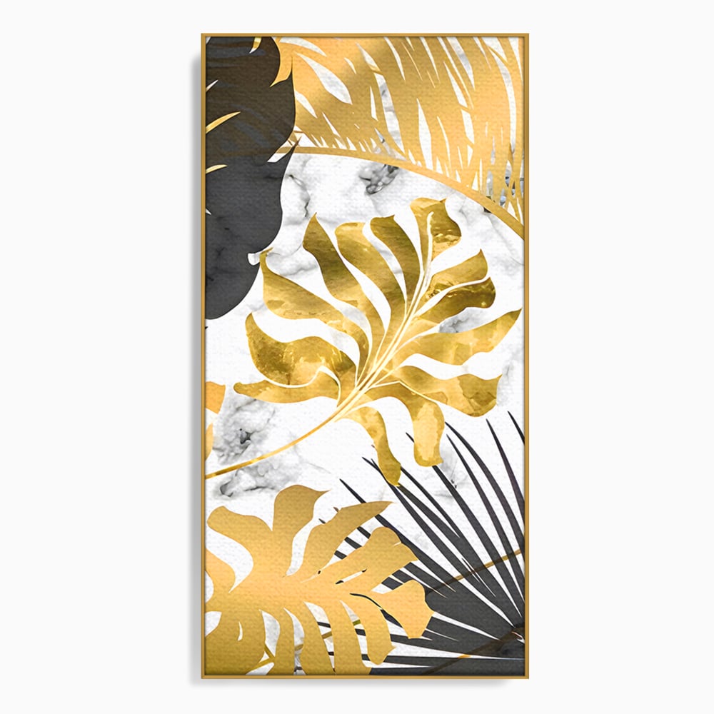 Tablou Canvas Premium LuxCanva® B1061, Golden Black Lief Plants , Decorativ, Living, Plante, Dormitor, Frunze, Liniste, Negru si Auriu