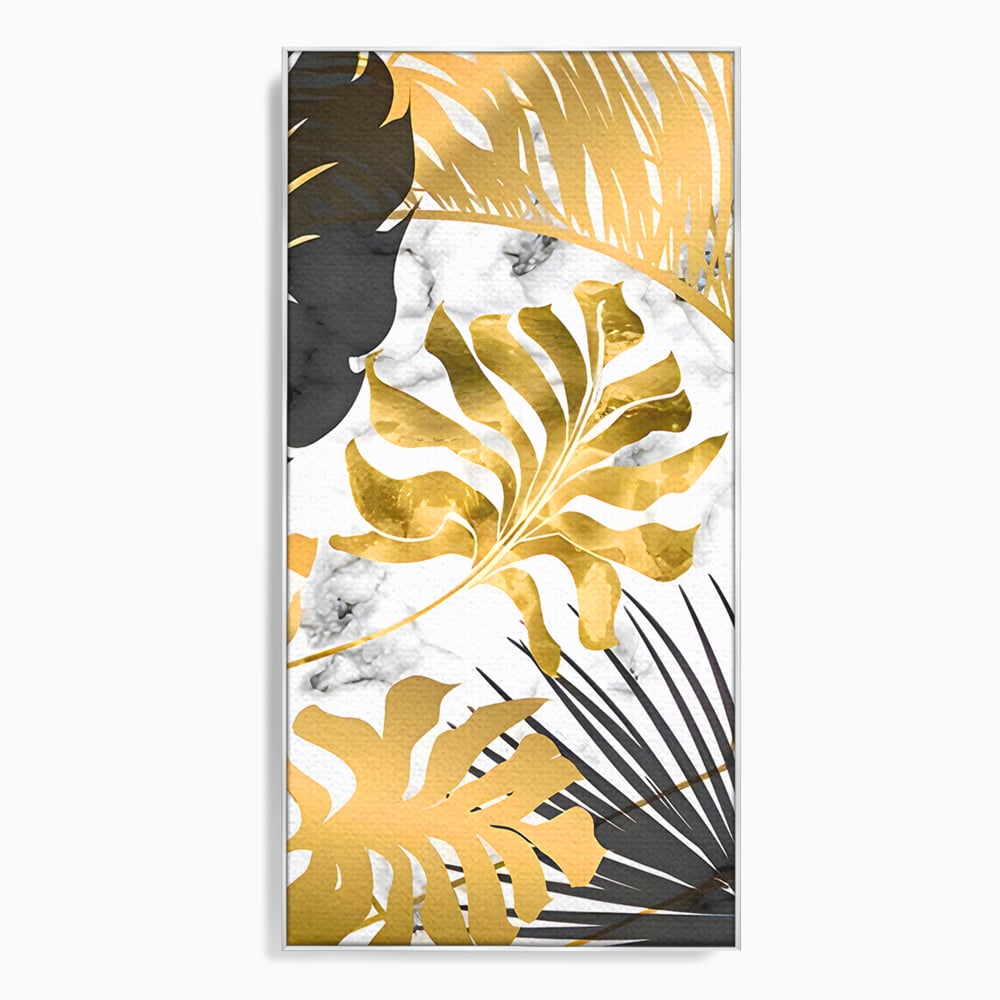 Tablou Canvas Premium LuxCanva® B1061, Golden Black Lief Plants , Decorativ, Living, Plante, Dormitor, Frunze, Liniste, Negru si Auriu
