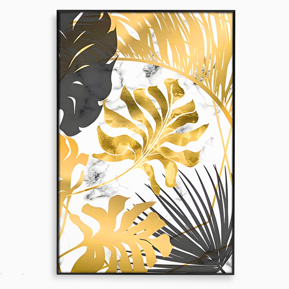 Tablou Canvas Premium LuxCanva® B1061, Golden Black Lief Plants , Decorativ, Living, Plante, Dormitor, Frunze, Liniste, Negru si Auriu