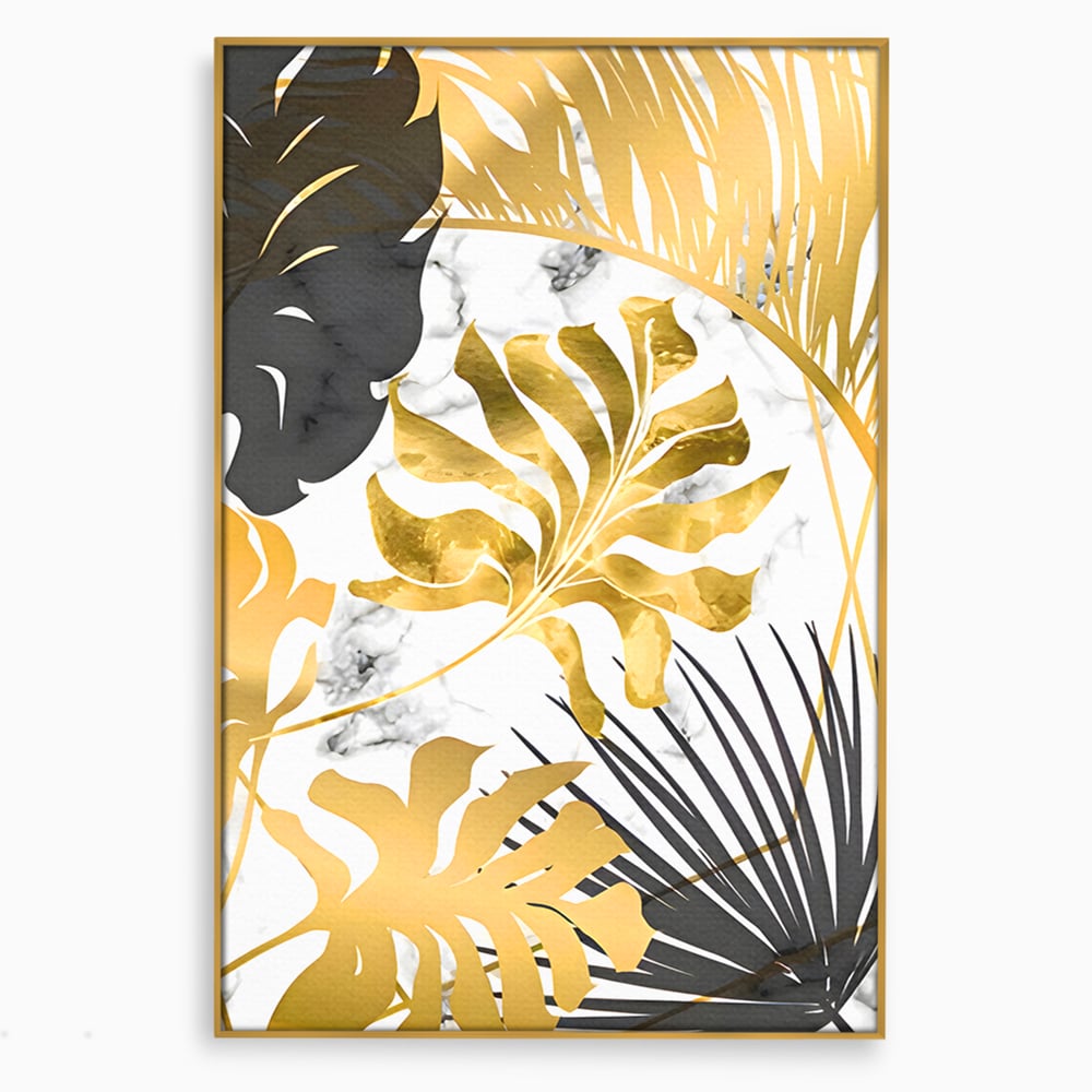 Tablou Canvas Premium LuxCanva® B1061, Golden Black Lief Plants , Decorativ, Living, Plante, Dormitor, Frunze, Liniste, Negru si Auriu