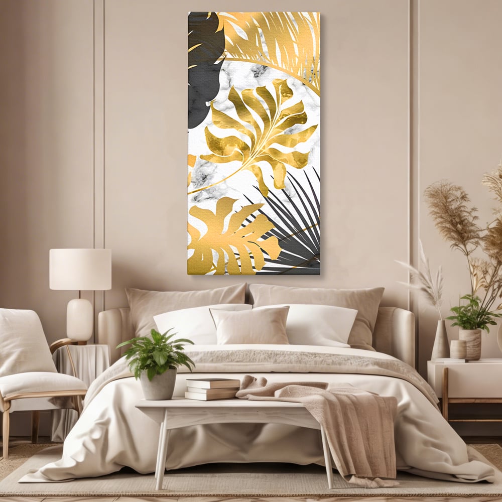 Tablou Canvas Premium LuxCanva® B1061, Golden Black Lief Plants , Decorativ, Living, Plante, Dormitor, Frunze, Liniste, Negru si Auriu