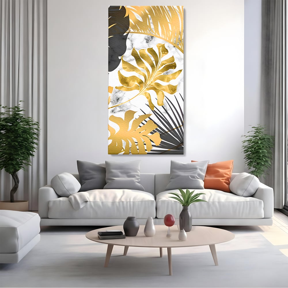 Tablou Canvas Premium LuxCanva® B1061, Golden Black Lief Plants , Decorativ, Living, Plante, Dormitor, Frunze, Liniste, Negru si Auriu