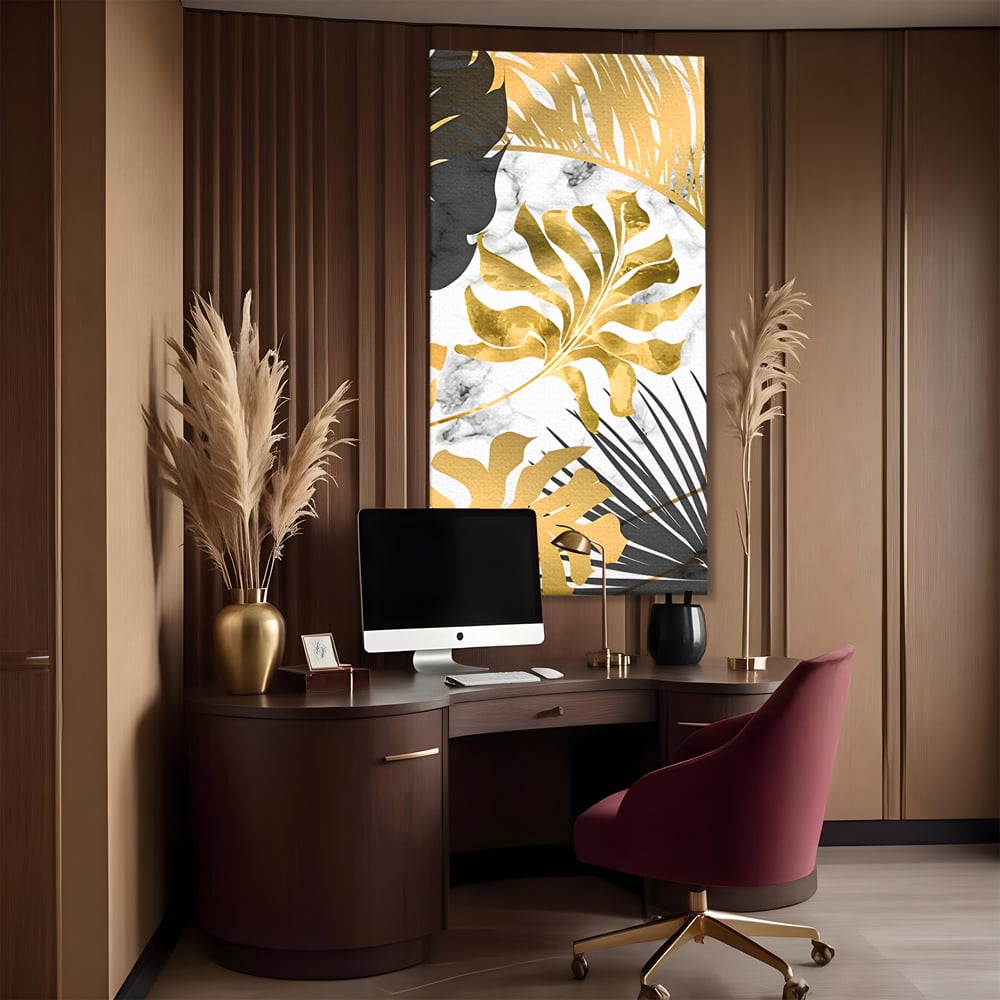 Tablou Canvas Premium LuxCanva® B1061, Golden Black Lief Plants , Decorativ, Living, Plante, Dormitor, Frunze, Liniste, Negru si Auriu