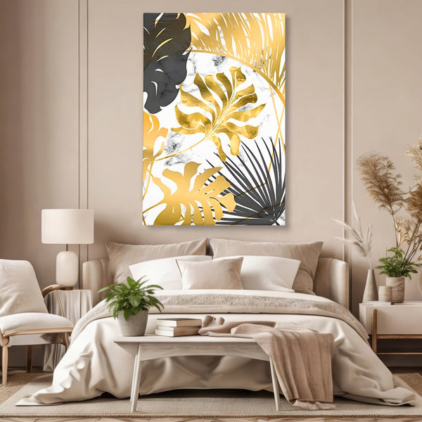 Tablou Canvas Premium LuxCanva® B1061, Golden Black Lief Plants , Decorativ, Living, Plante, Dormitor, Frunze, Liniste, Negru si Auriu