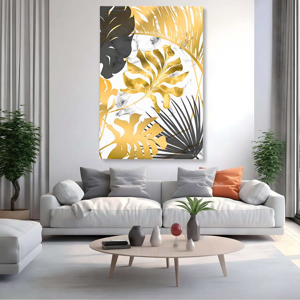 Tablou Canvas Premium LuxCanva® B1061, Golden Black Lief Plants , Decorativ, Living, Plante, Dormitor, Frunze, Liniste, Negru si Auriu