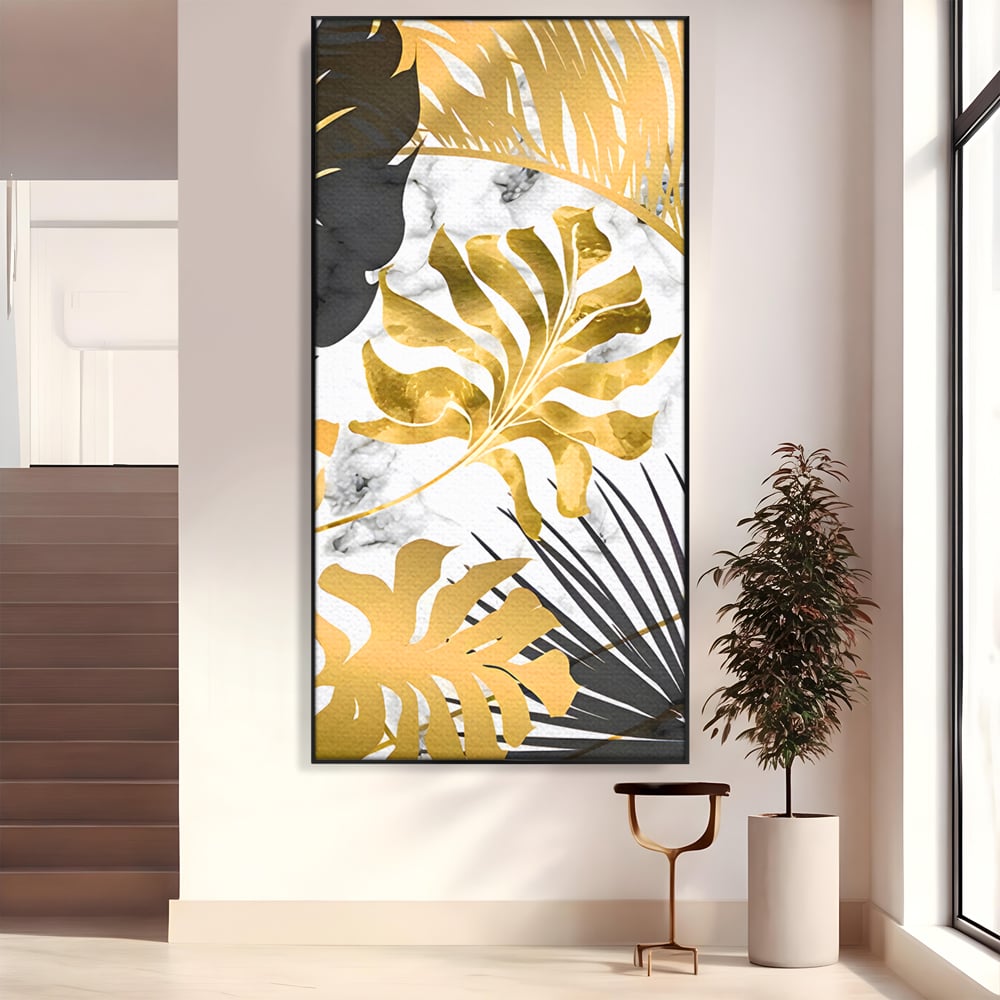 Tablou Canvas Premium LuxCanva® B1061, Golden Black Lief Plants , Decorativ, Living, Plante, Dormitor, Frunze, Liniste, Negru si Auriu