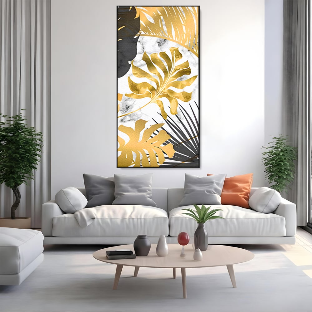 Tablou Canvas Premium LuxCanva® B1061, Golden Black Lief Plants , Decorativ, Living, Plante, Dormitor, Frunze, Liniste, Negru si Auriu