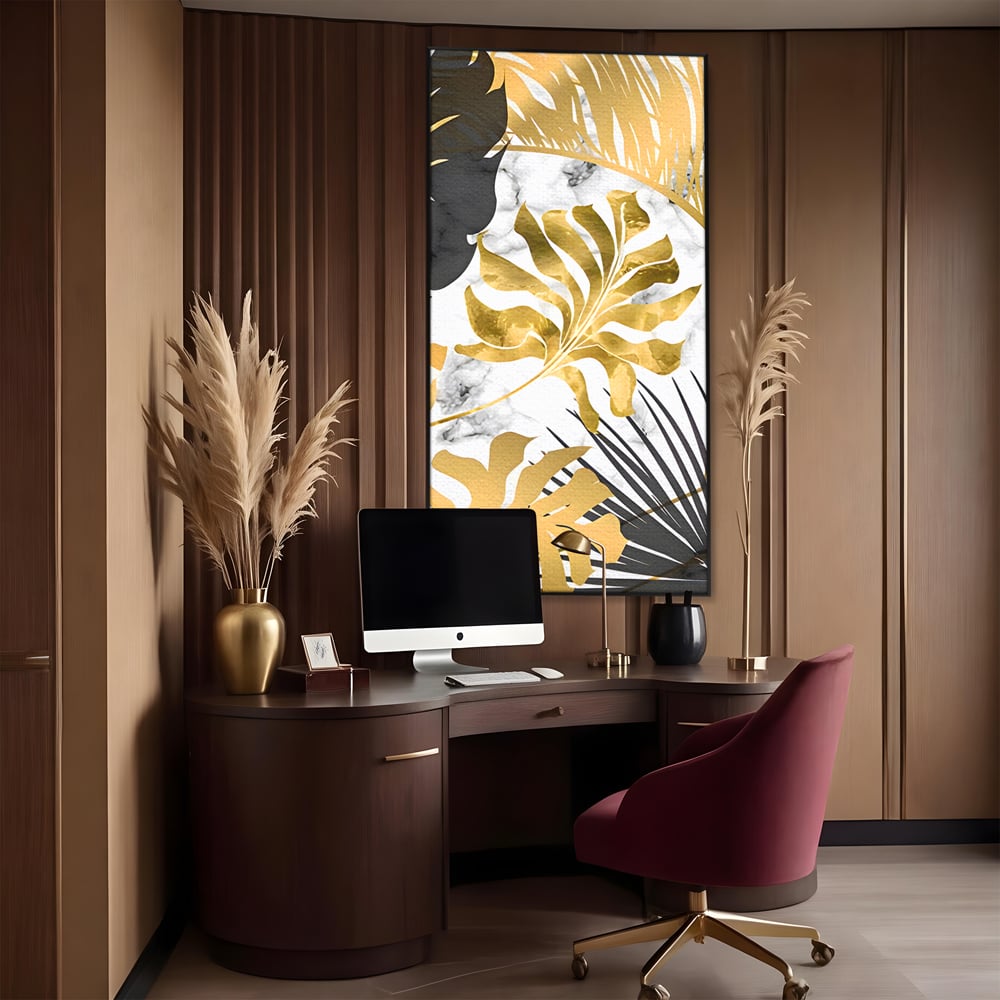 Tablou Canvas Premium LuxCanva® B1061, Golden Black Lief Plants , Decorativ, Living, Plante, Dormitor, Frunze, Liniste, Negru si Auriu
