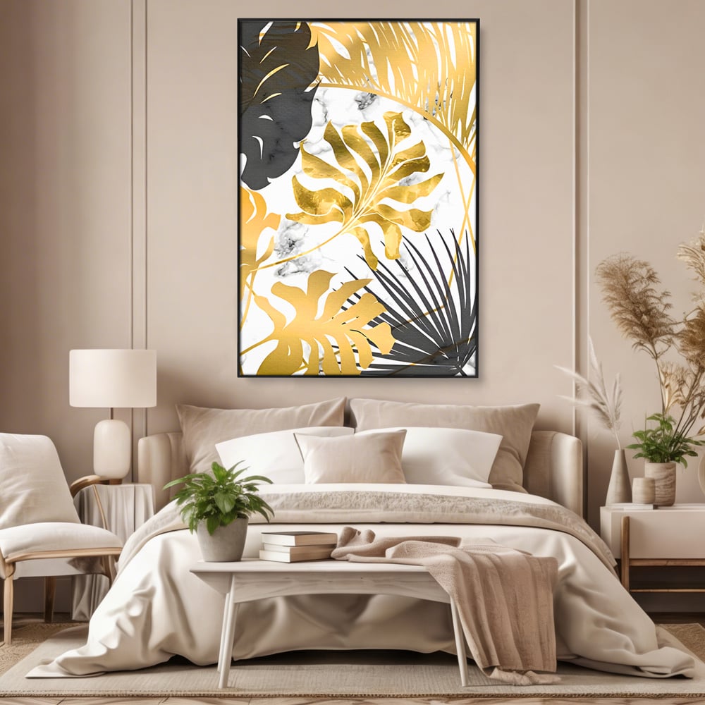 Tablou Canvas Premium LuxCanva® B1061, Golden Black Lief Plants , Decorativ, Living, Plante, Dormitor, Frunze, Liniste, Negru si Auriu