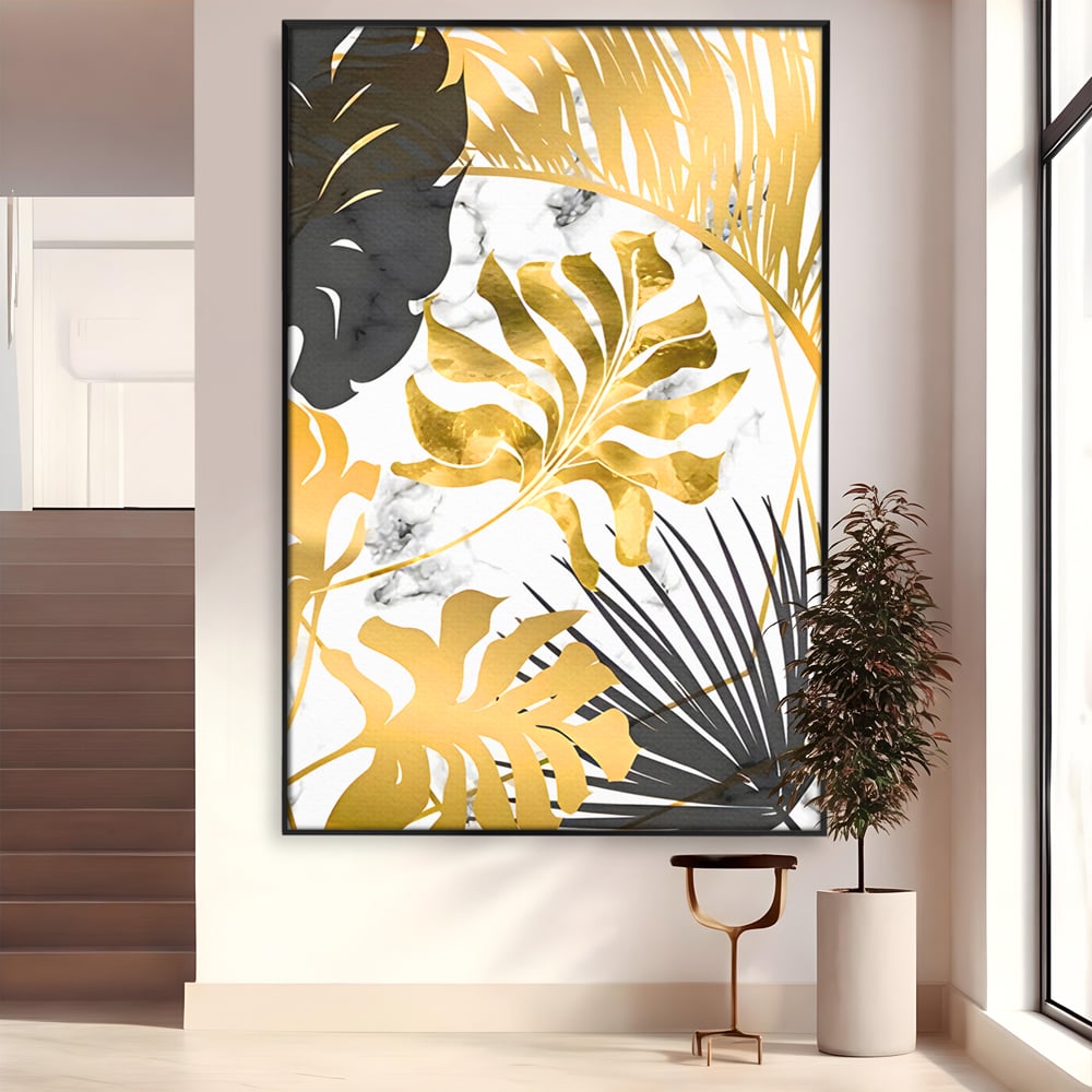 Tablou Canvas Premium LuxCanva® B1061, Golden Black Lief Plants , Decorativ, Living, Plante, Dormitor, Frunze, Liniste, Negru si Auriu