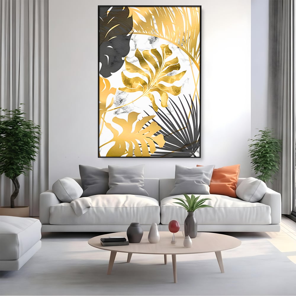 Tablou Canvas Premium LuxCanva® B1061, Golden Black Lief Plants , Decorativ, Living, Plante, Dormitor, Frunze, Liniste, Negru si Auriu