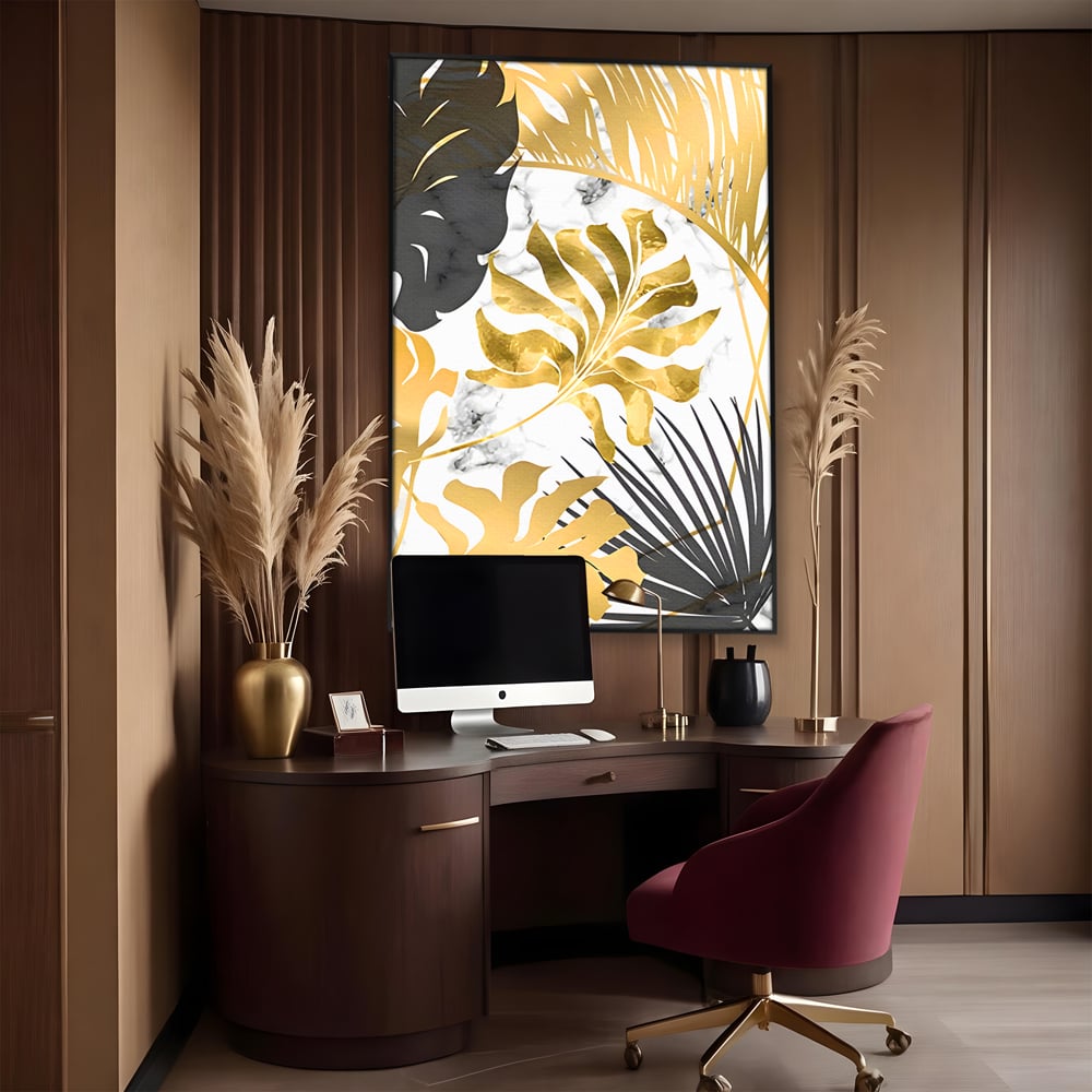 Tablou Canvas Premium LuxCanva® B1061, Golden Black Lief Plants , Decorativ, Living, Plante, Dormitor, Frunze, Liniste, Negru si Auriu