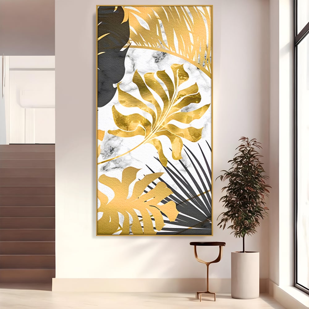Tablou Canvas Premium LuxCanva® B1061, Golden Black Lief Plants , Decorativ, Living, Plante, Dormitor, Frunze, Liniste, Negru si Auriu