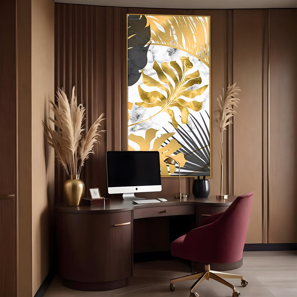 Tablou Canvas Premium LuxCanva® B1061, Golden Black Lief Plants , Decorativ, Living, Plante, Dormitor, Frunze, Liniste, Negru si Auriu