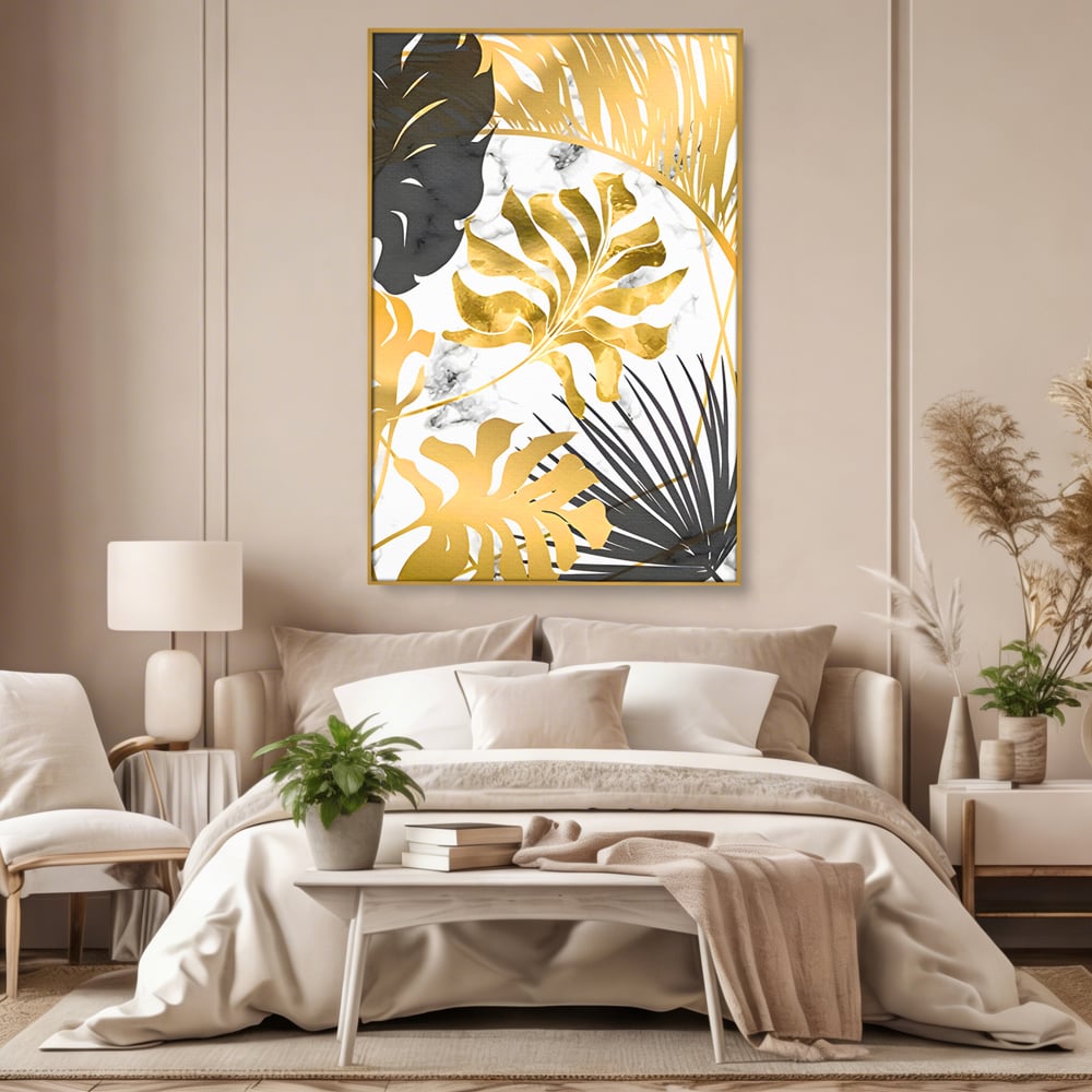 Tablou Canvas Premium LuxCanva® B1061, Golden Black Lief Plants , Decorativ, Living, Plante, Dormitor, Frunze, Liniste, Negru si Auriu