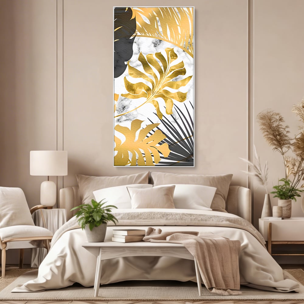 Tablou Canvas Premium LuxCanva® B1061, Golden Black Lief Plants , Decorativ, Living, Plante, Dormitor, Frunze, Liniste, Negru si Auriu