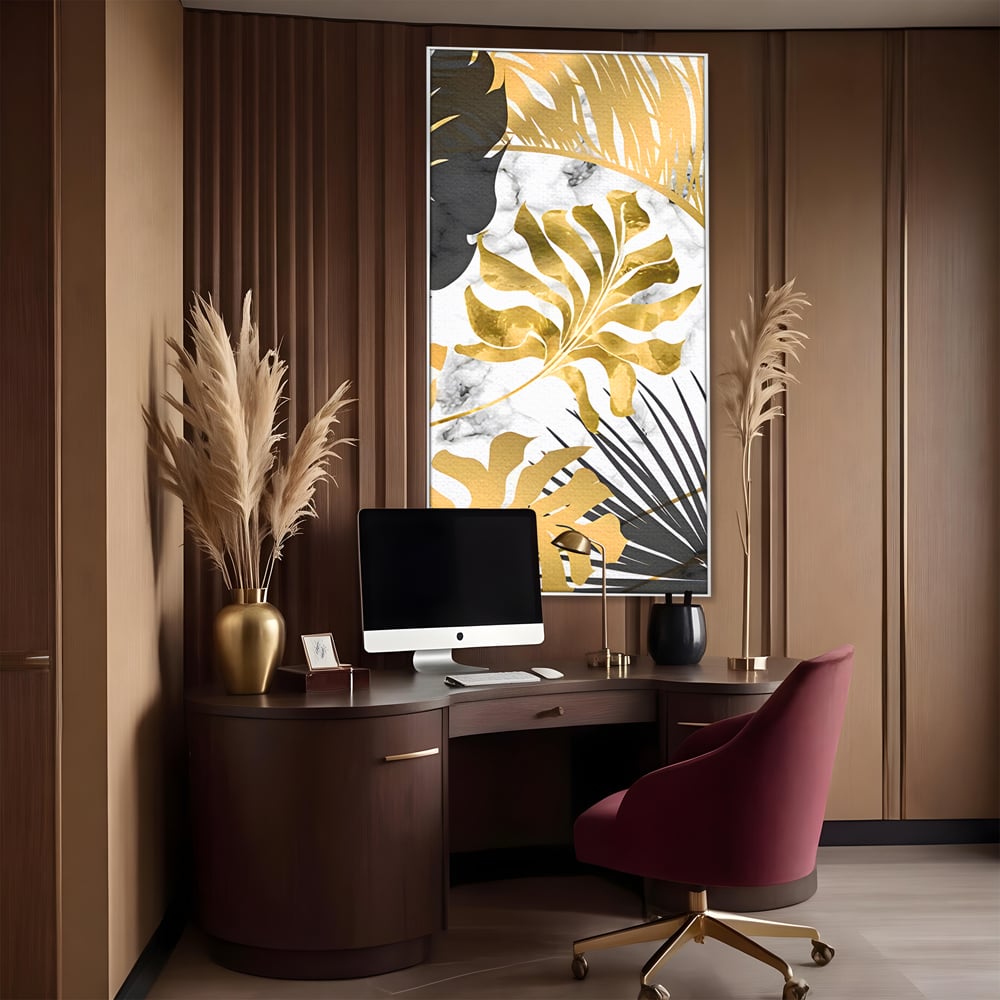 Tablou Canvas Premium LuxCanva® B1061, Golden Black Lief Plants , Decorativ, Living, Plante, Dormitor, Frunze, Liniste, Negru si Auriu