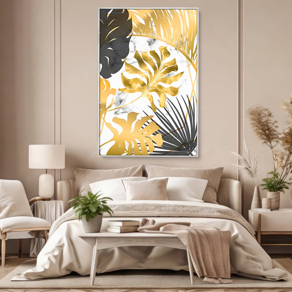 Tablou Canvas Premium LuxCanva® B1061, Golden Black Lief Plants , Decorativ, Living, Plante, Dormitor, Frunze, Liniste, Negru si Auriu