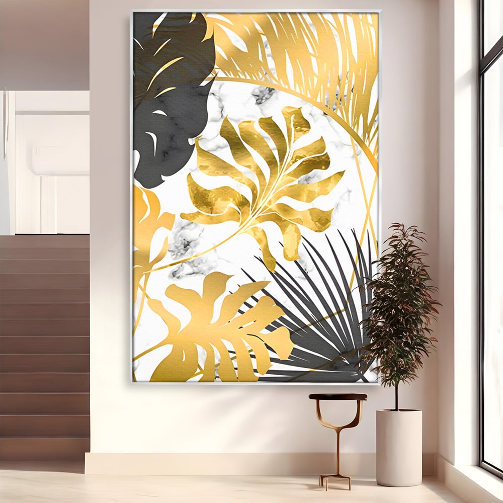 Tablou Canvas Premium LuxCanva® B1061, Golden Black Lief Plants , Decorativ, Living, Plante, Dormitor, Frunze, Liniste, Negru si Auriu