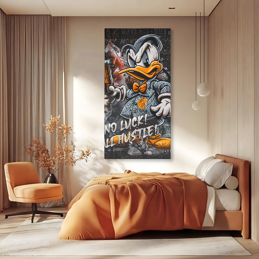 Tablou Canvas Premium LuxCanva® B1062, No Luck All Hustle , Decorativ, Living, Donald Duck, Birou, Bani, Colorat