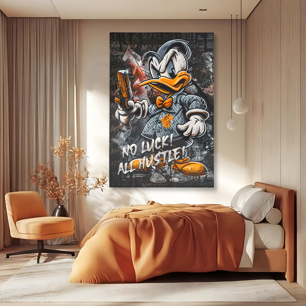 Tablou Canvas Premium LuxCanva® B1062, No Luck All Hustle , Decorativ, Living, Donald Duck, Birou, Bani, Colorat