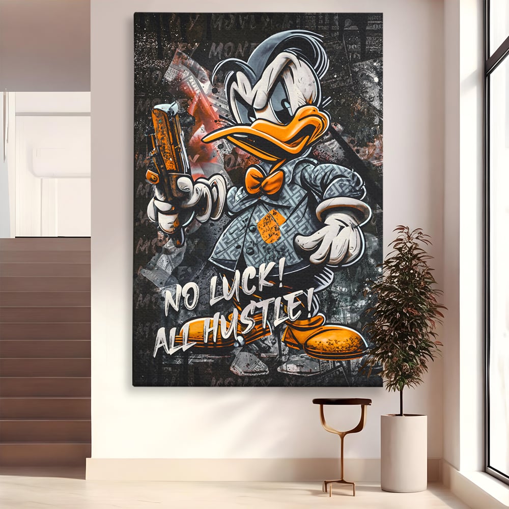 Tablou Canvas Premium LuxCanva® B1062, No Luck All Hustle , Decorativ, Living, Donald Duck, Birou, Bani, Colorat