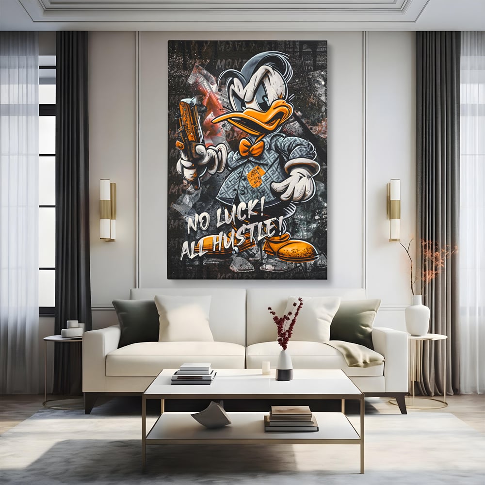 Tablou Canvas Premium LuxCanva® B1062, No Luck All Hustle , Decorativ, Living, Donald Duck, Birou, Bani, Colorat
