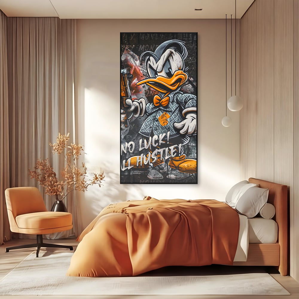 Tablou Canvas Premium LuxCanva® B1062, No Luck All Hustle , Decorativ, Living, Donald Duck, Birou, Bani, Colorat