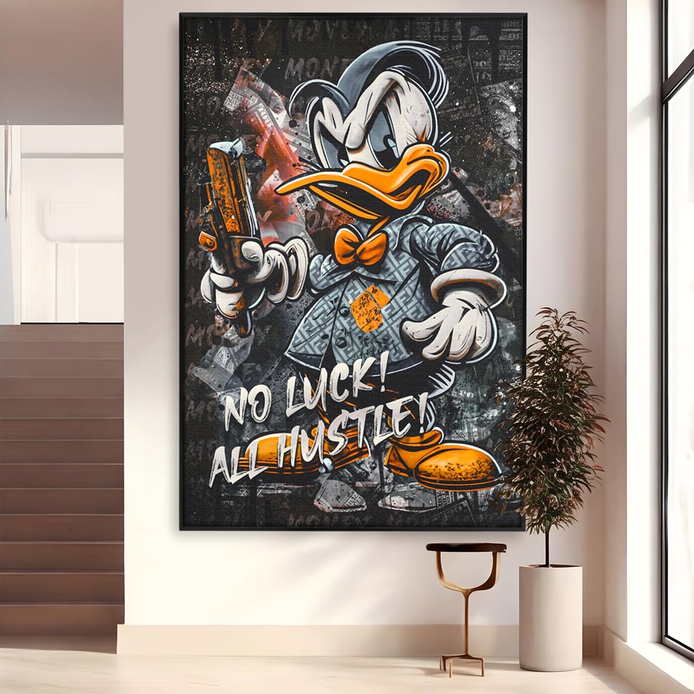 Tablou Canvas Premium LuxCanva® B1062, No Luck All Hustle , Decorativ, Living, Donald Duck, Birou, Bani, Colorat