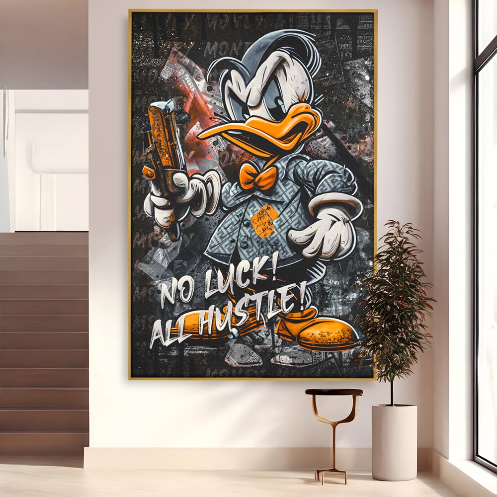 Tablou Canvas Premium LuxCanva® B1062, No Luck All Hustle , Decorativ, Living, Donald Duck, Birou, Bani, Colorat
