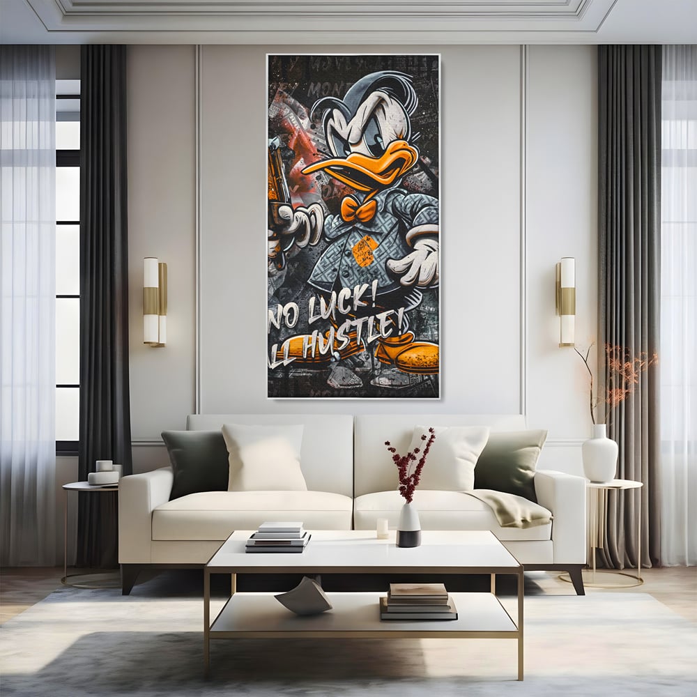 Tablou Canvas Premium LuxCanva® B1062, No Luck All Hustle , Decorativ, Living, Donald Duck, Birou, Bani, Colorat