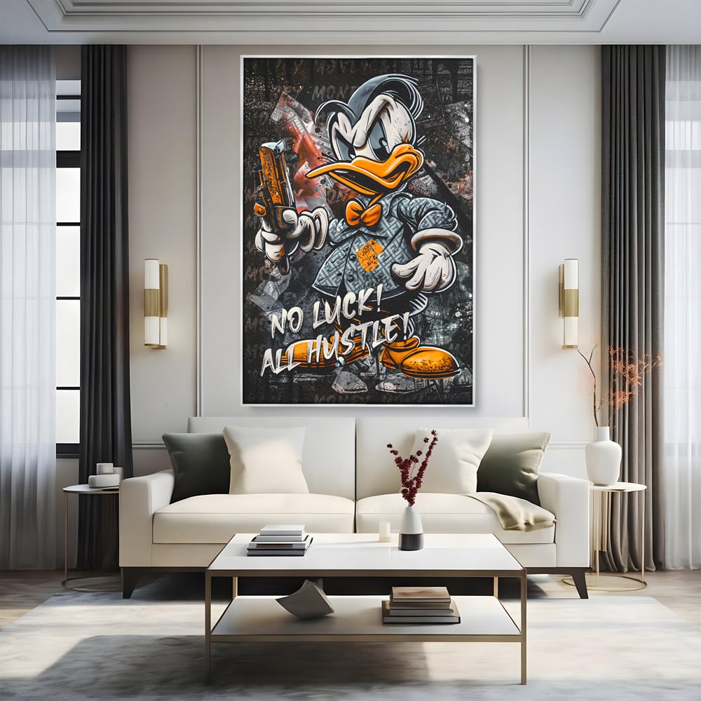 Tablou Canvas Premium LuxCanva® B1062, No Luck All Hustle , Decorativ, Living, Donald Duck, Birou, Bani, Colorat