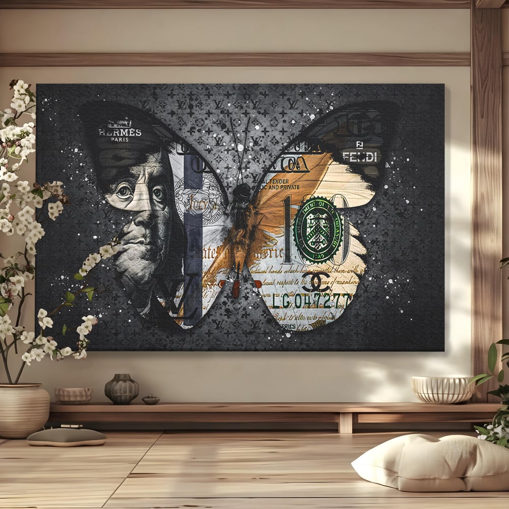 Tablou Canvas Premium LuxCanva® B1066, Fancy Butterfly , Decorativ, Fluture, Living, Fendi, Hermes, Dolar, Birou, Culori Vibrante