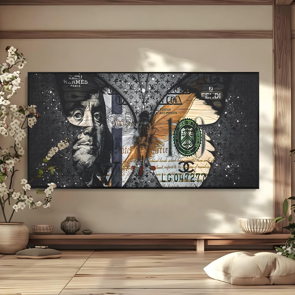 Tablou Canvas Premium LuxCanva® B1066, Fancy Butterfly , Decorativ, Fluture, Living, Fendi, Hermes, Dolar, Birou, Culori Vibrante