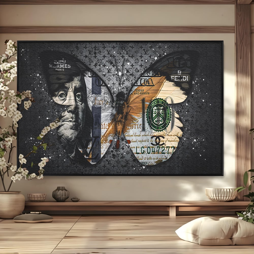 Tablou Canvas Premium LuxCanva® B1066, Fancy Butterfly , Decorativ, Fluture, Living, Fendi, Hermes, Dolar, Birou, Culori Vibrante