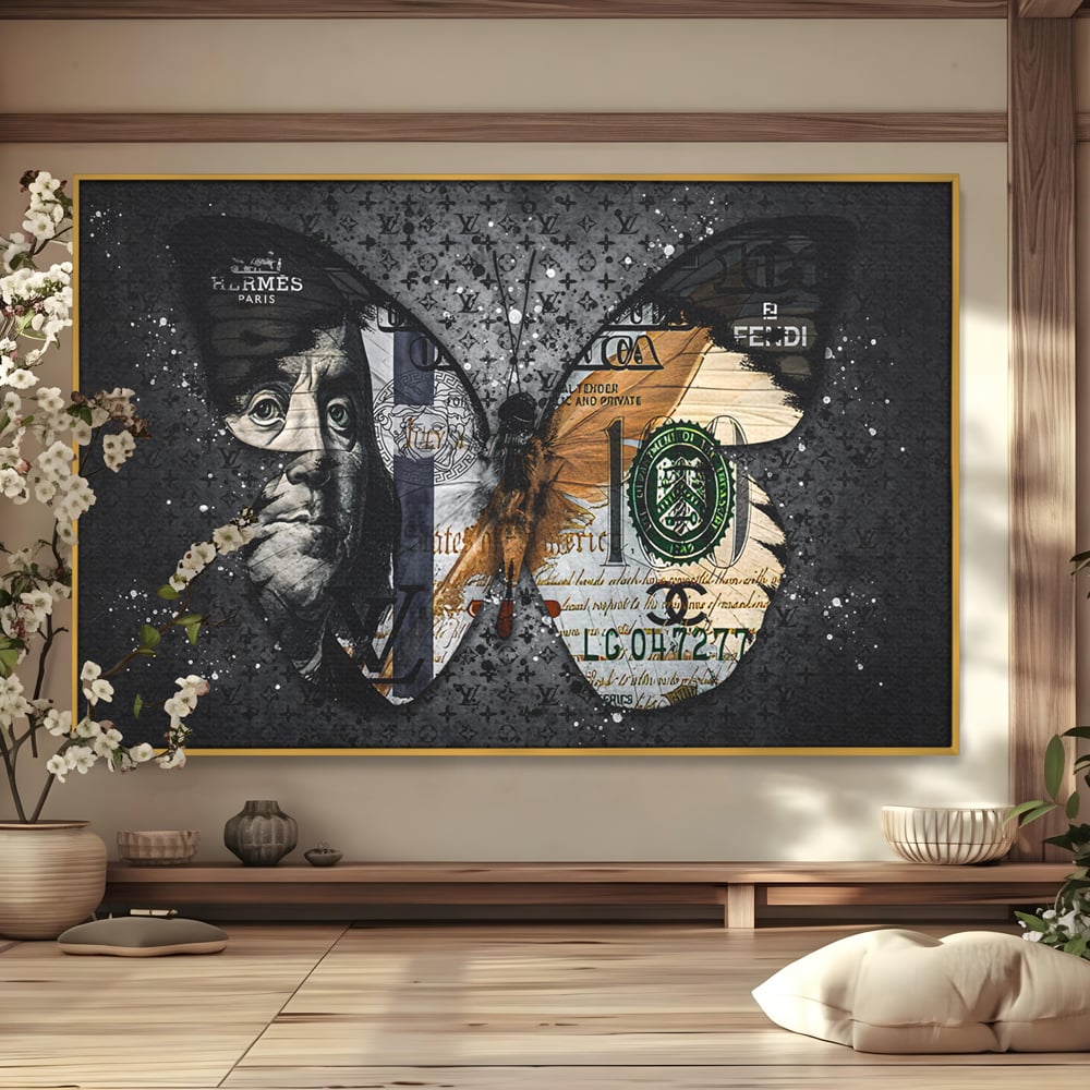 Tablou Canvas Premium LuxCanva® B1066, Fancy Butterfly , Decorativ, Fluture, Living, Fendi, Hermes, Dolar, Birou, Culori Vibrante
