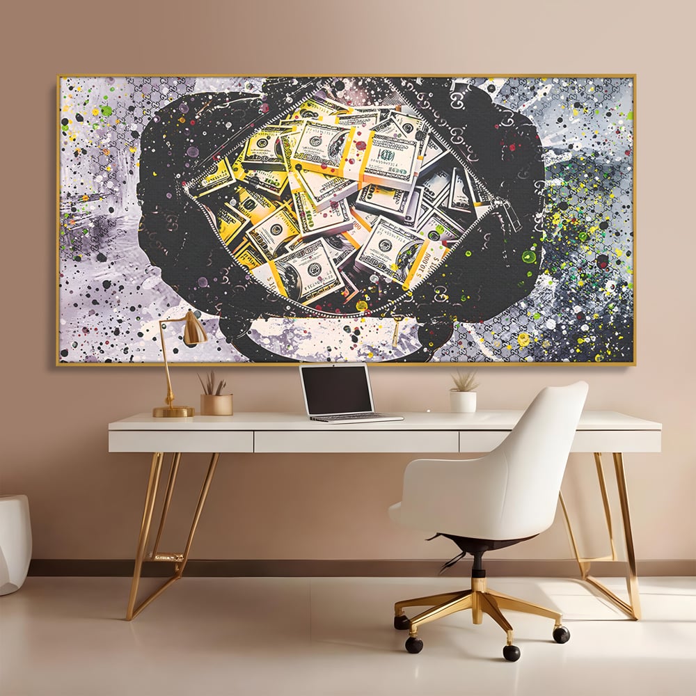 Tablou Canvas Premium LuxCanva® B1067, Hard Work Pays Off , Decorativ, Birou, Dolari, Bani, Valiza, Dormitor, Gucci, Colorat