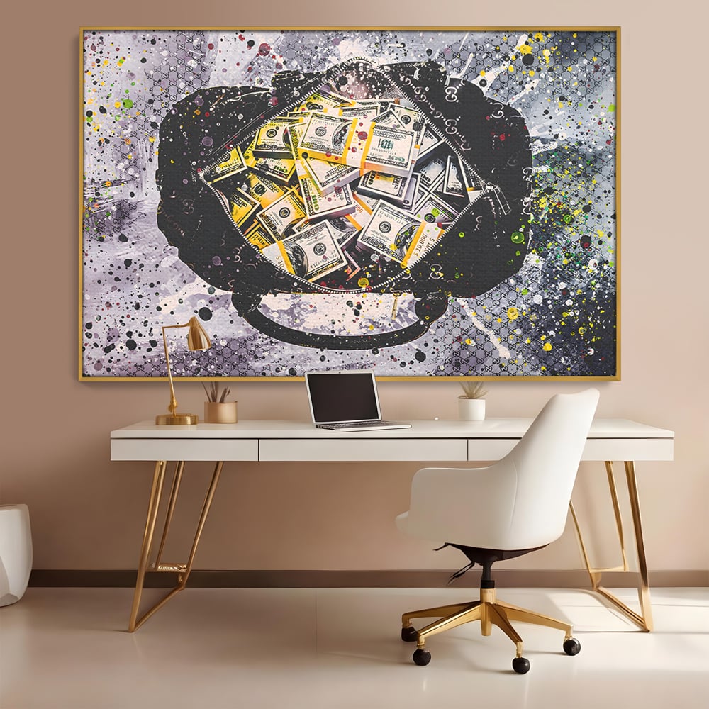 Tablou Canvas Premium LuxCanva® B1067, Hard Work Pays Off , Decorativ, Birou, Dolari, Bani, Valiza, Dormitor, Gucci, Colorat